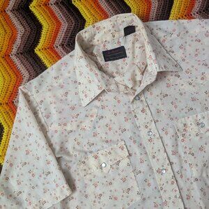 vtg 70s 80s LARGE men's Floral Pearl Snap Western Shirt h101